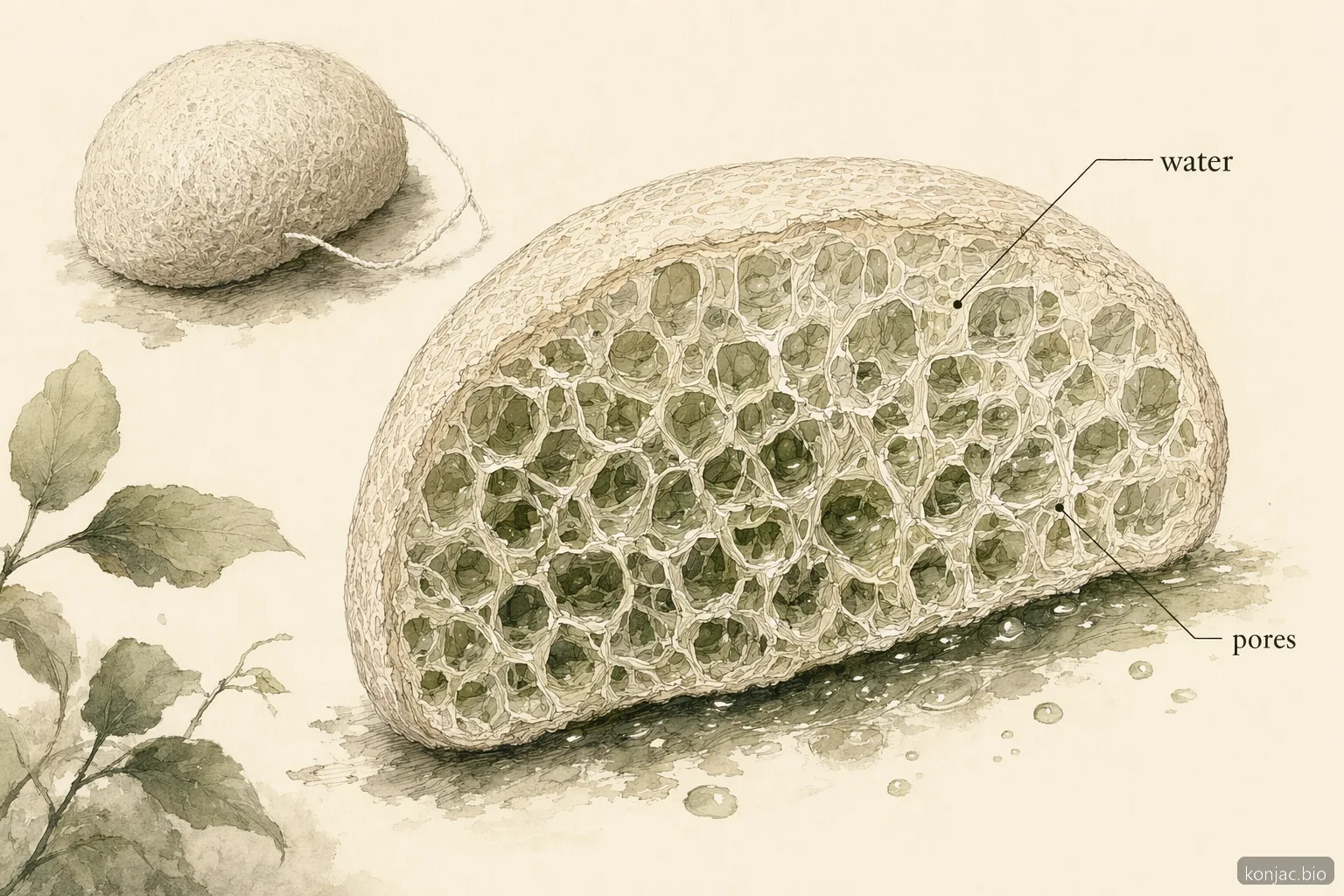 la spugna facciale in konjac, fibra vegetale porosa, si gonfia con l’acqua creando una superficie imbottita che solleva delicatamente i residui