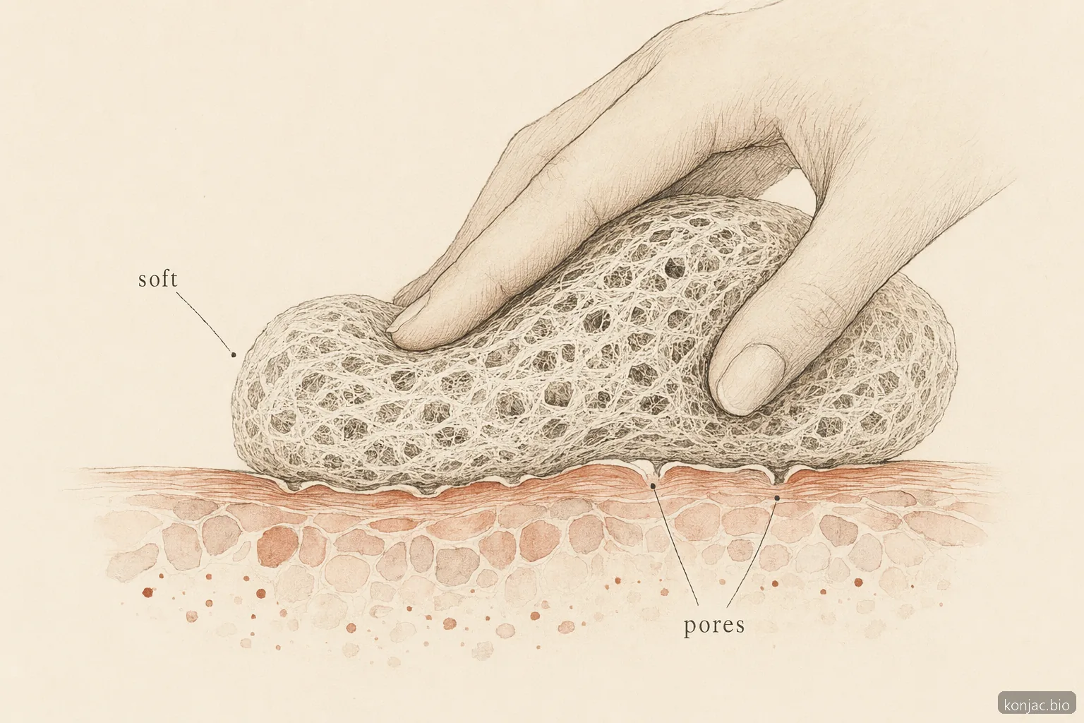 Le fibre porose della spugna corpo konjac si flettono sulla pelle, spiegando l’esfoliazione delicata senza sfregamento aggressivo
