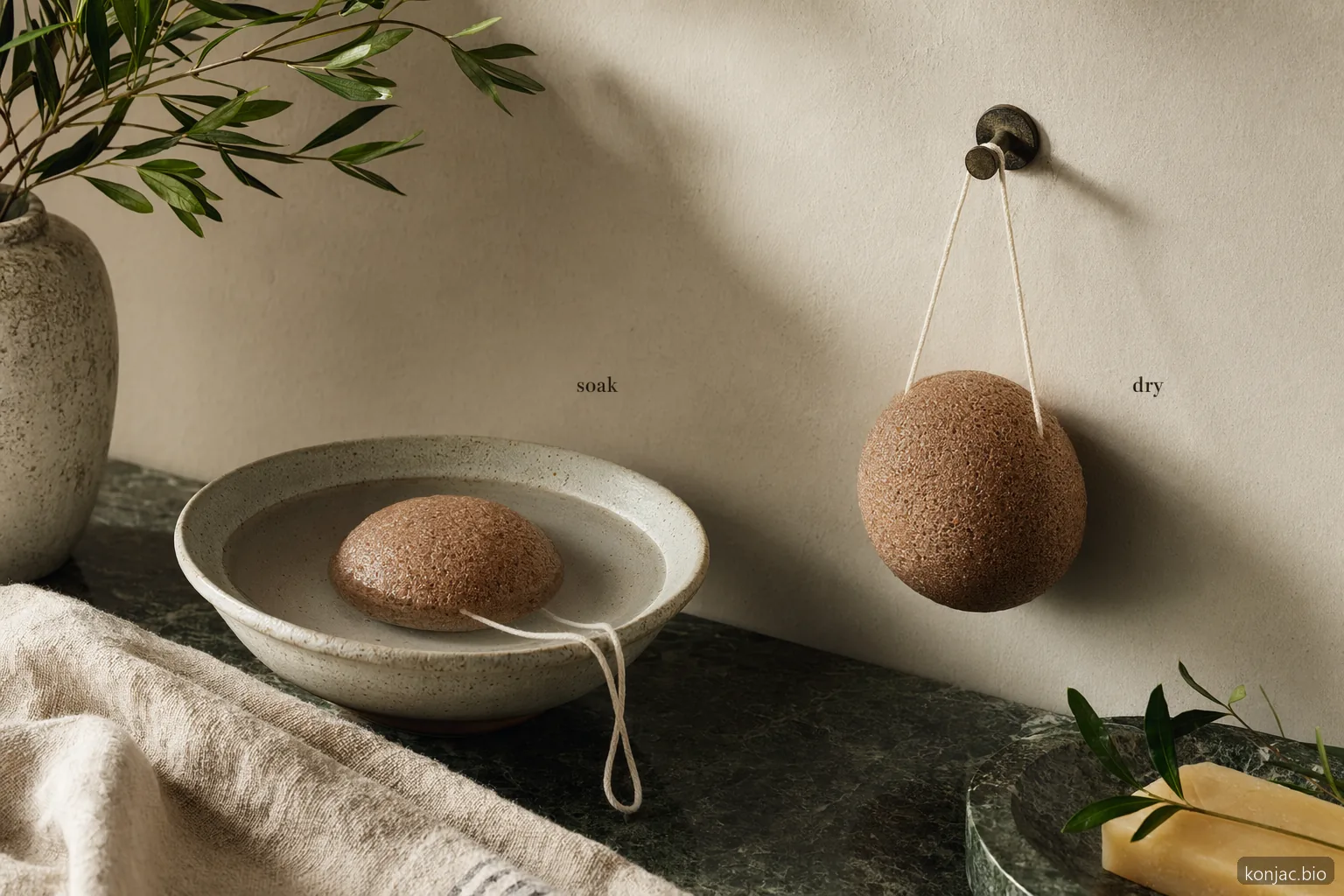 La cura della spugna corpo konjac è semplice: immergerla completamente prima dell’uso, risciacquarla bene, poi appenderla ad asciugare tra una doccia e l’altra