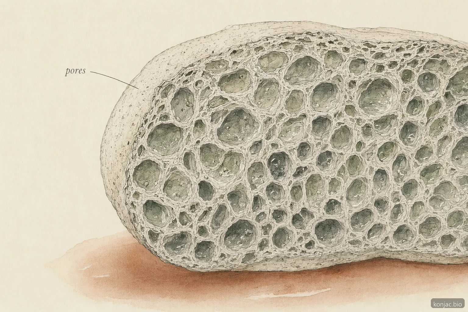 i benefici della spugna di konjac derivano da una rete porosa ricca d’acqua che ammortizza la detersione sulla pelle sensibile