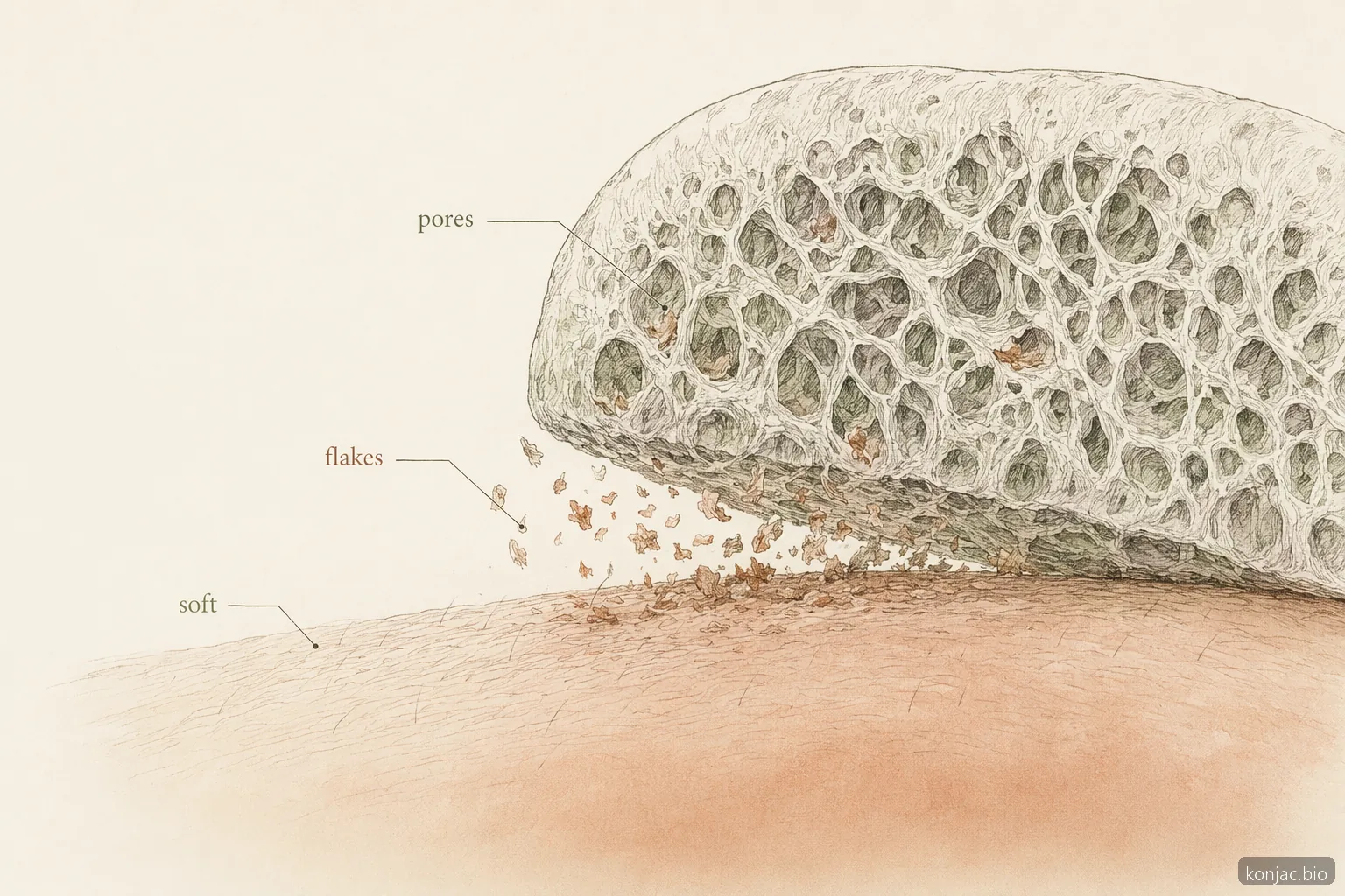 azione esfoliante della spugna konjac: una spugna morbida e porosa solleva le squame superficiali sciolte senza particelle scrub granulari