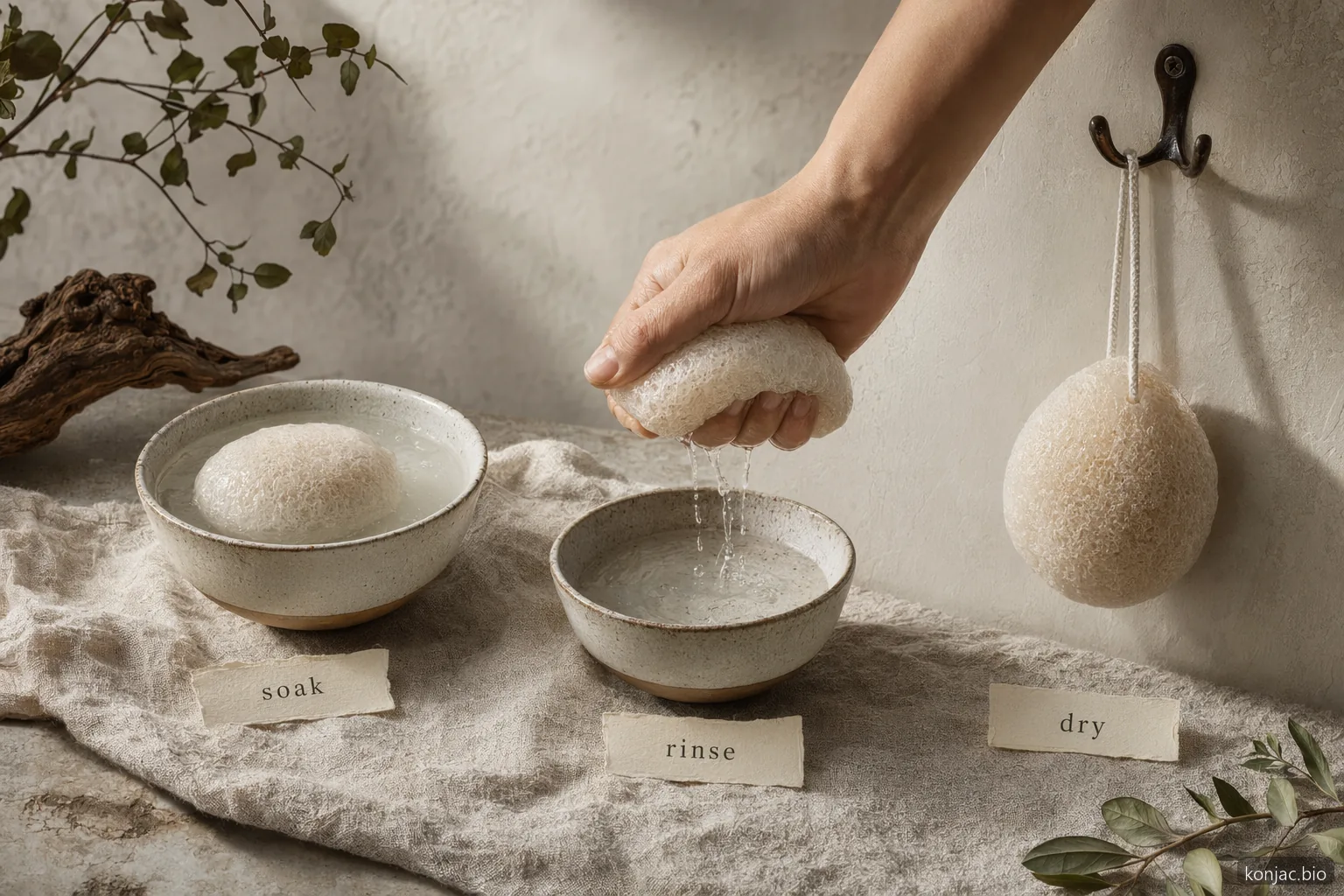 la spugna konjac per il corpo va imbevuta, risciacquata, strizzata e appesa ad asciugare all’aria dopo ogni doccia