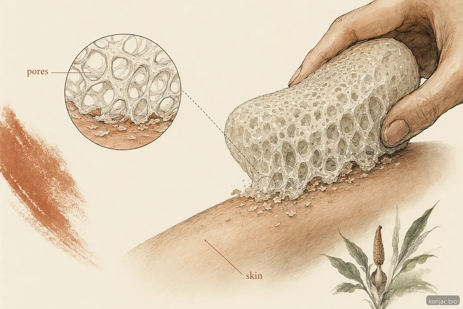 la spugna konjac per il corpo esfolia con pori idratati che scorrono sulla pelle più delicatamente degli scrub granulari