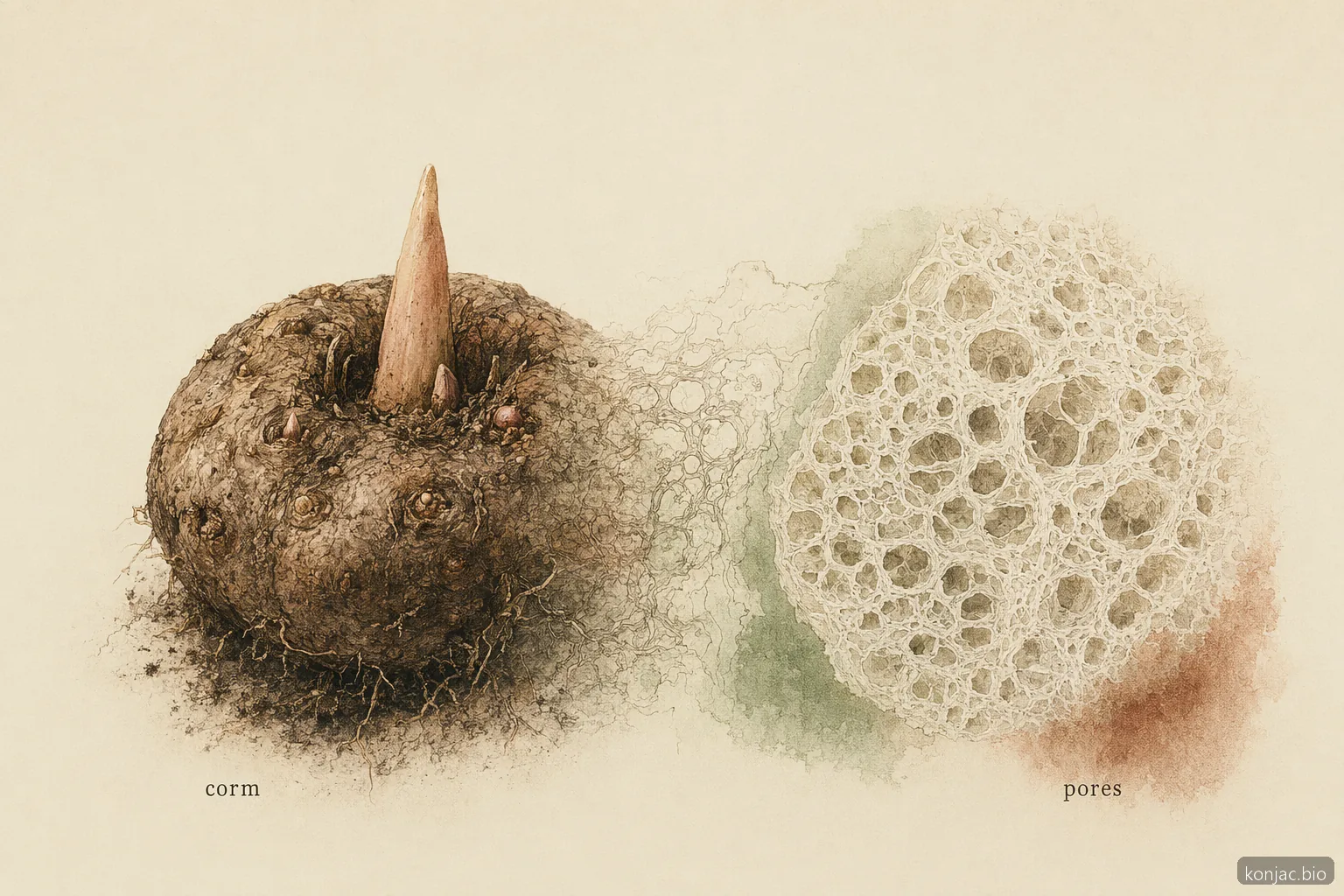 la qualità di una spugna di konjac giapponese parte da un cormo di konjac tracciabile e da una texture spugnosa finemente porosa