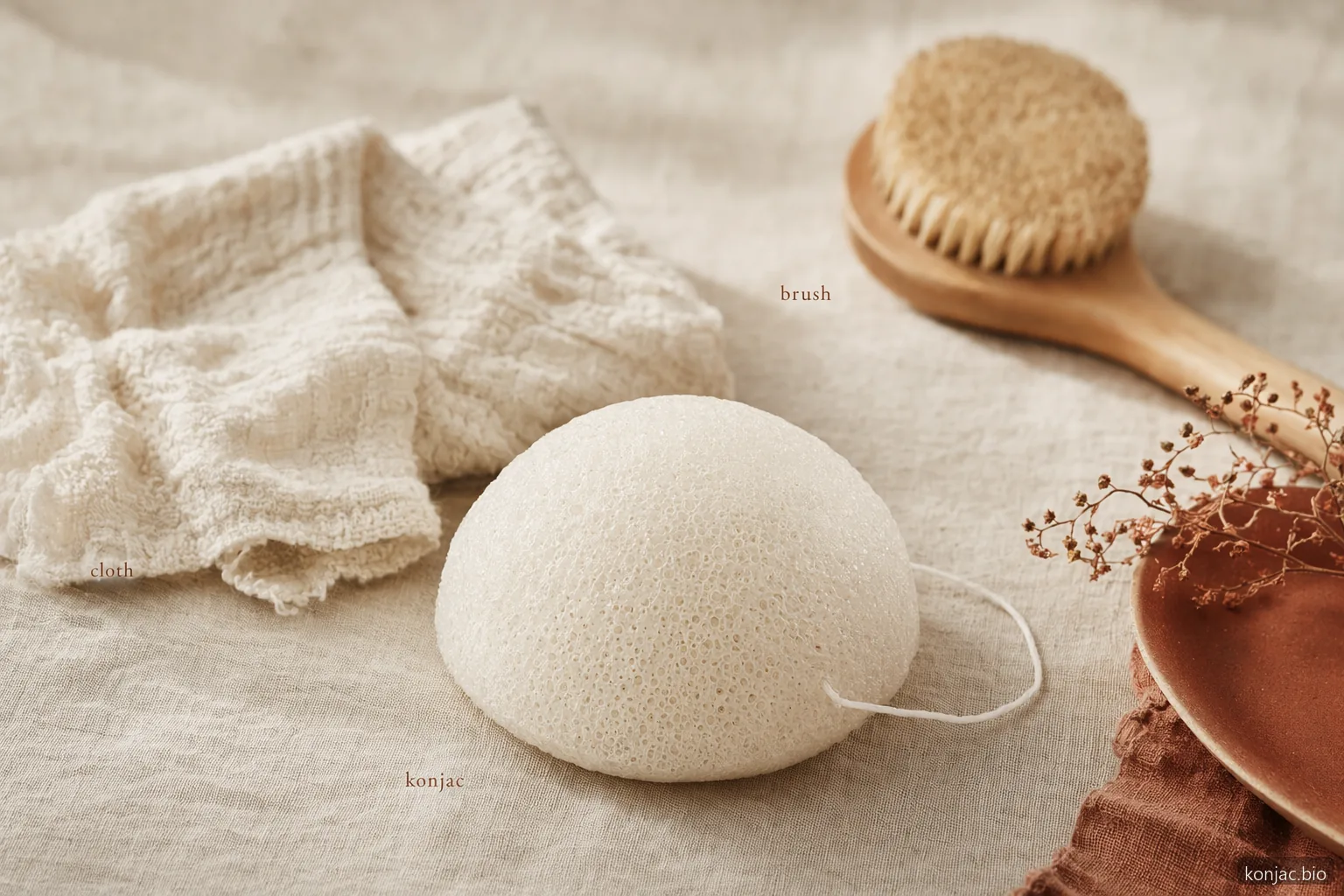 Il confronto della spugna konjac per pelli sensibili mostra che il konjac semplice è più morbido di un panno o di una spazzola per il viso.