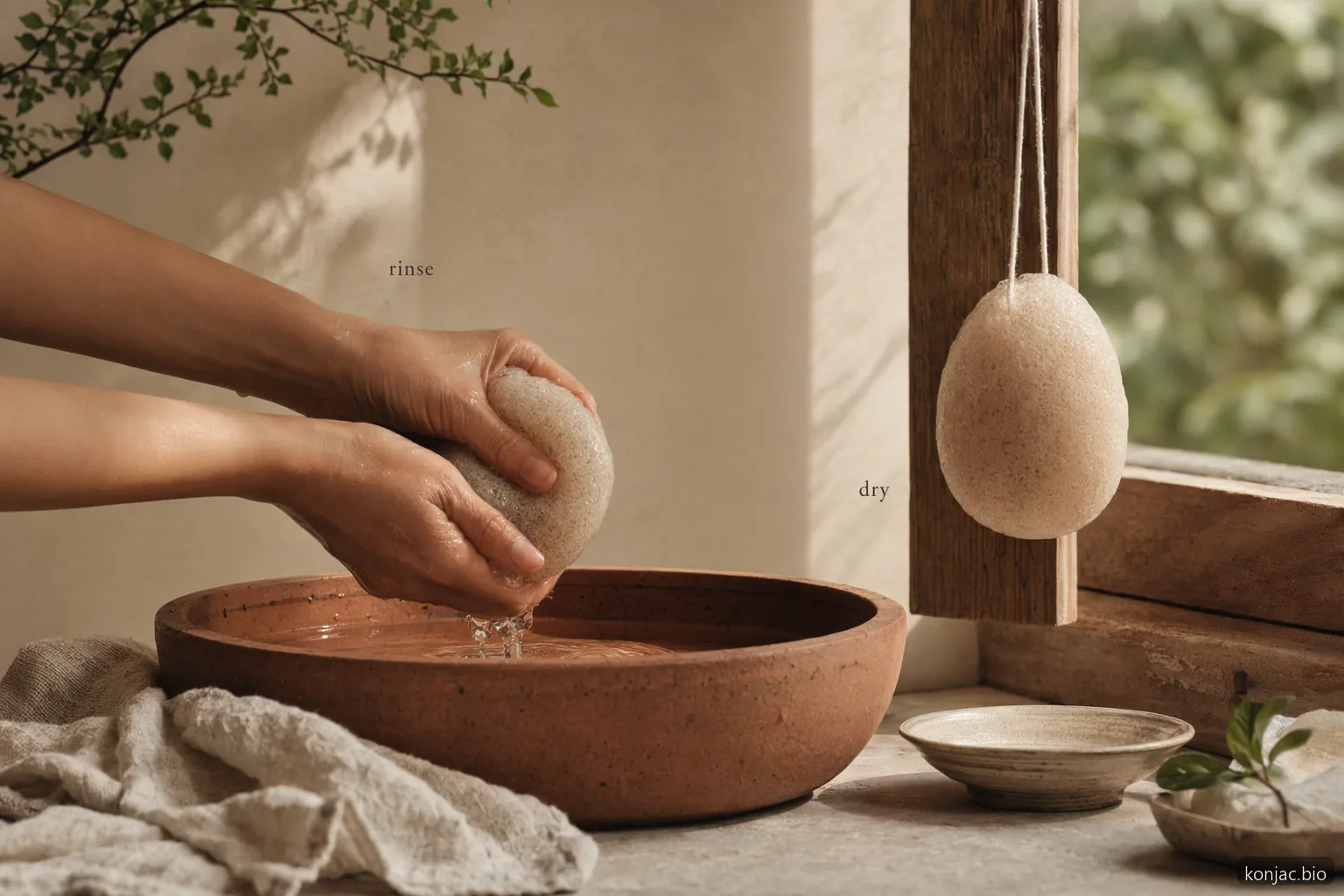 Le spugne in konjac per il viso restano più fresche quando vengono risciacquate, strizzate e asciugate all’aria tra gli usi di detersione delicata