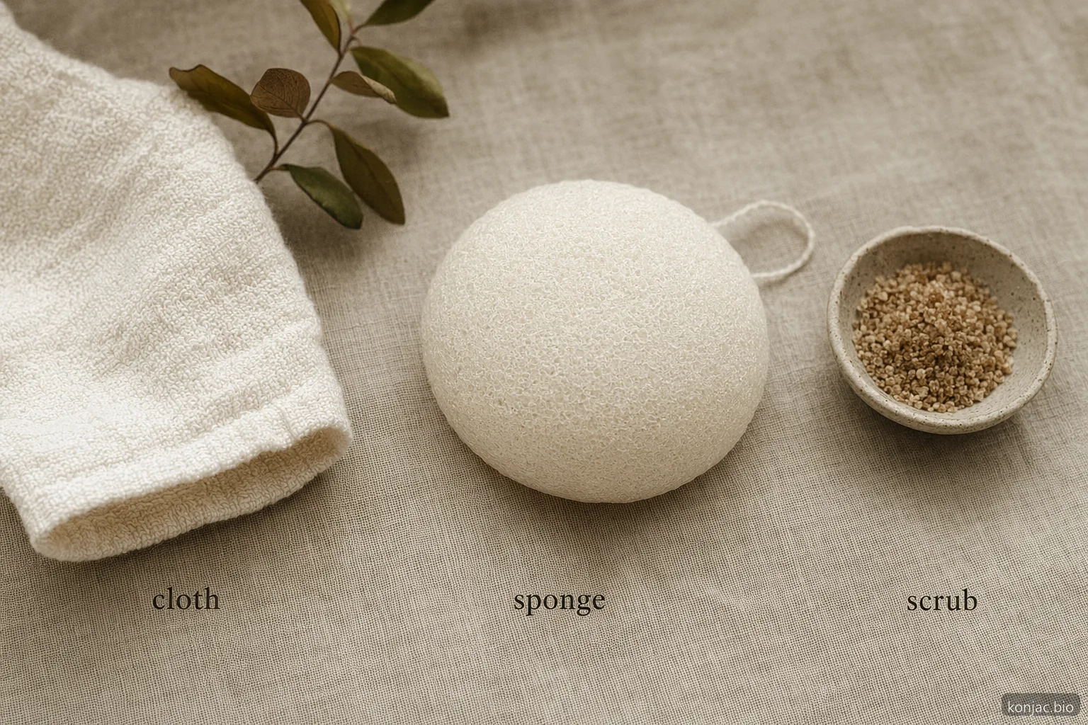 confronto su cosa sono le spugne konjac: la texture morbida della spugna è più delicata di un panno o di uno scrub granuloso per la detersione