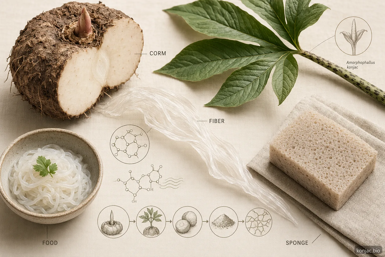 konjac guide overview with corm cutaway, glucomannan flow, shirataki noodles, jelly, and sponge