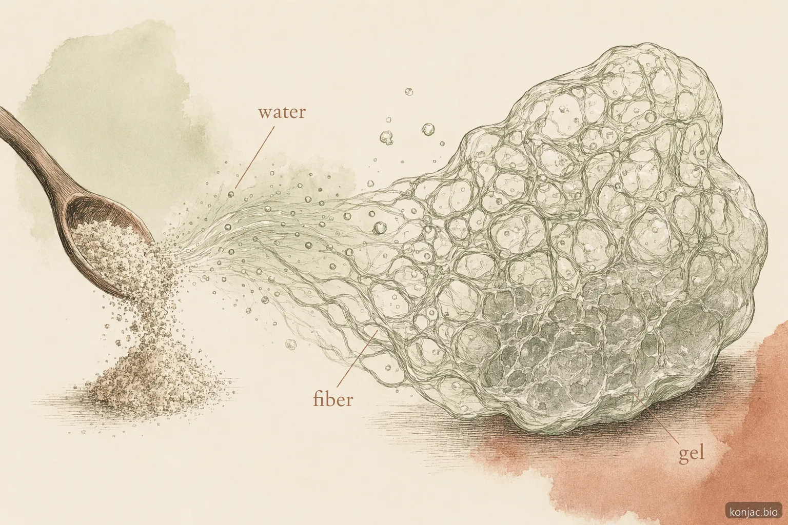 cosa fa la farina di konjac in acqua: la fibra glucomannan si idrata, addensa e forma una rete gelificata