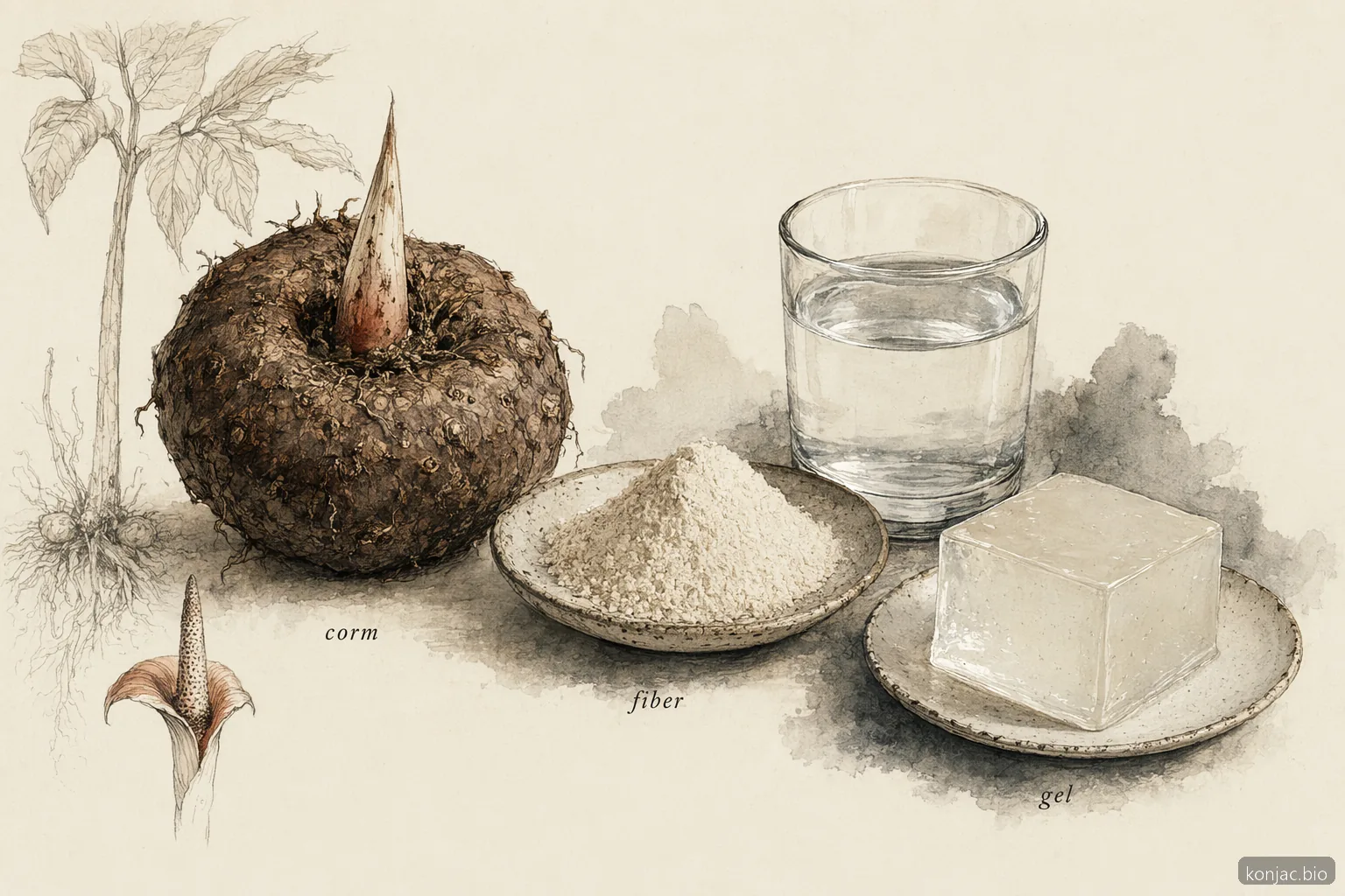 di cosa è fatto il jelly di konjac: cormo di konjac, polvere di glucomannan e acqua formano un gel vegetale elastico