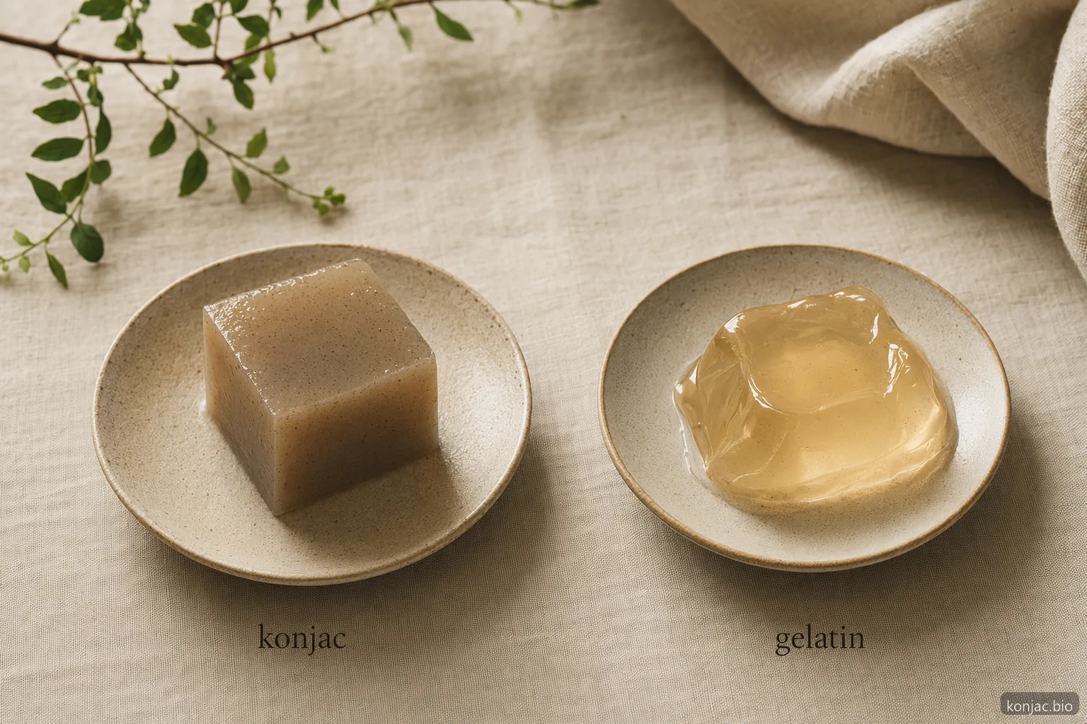 jelly di konjac a confronto con la gelatina: konjac mantiene un morso più elastico, mentre la gelatina solidifica in modo più morbido e delicato
