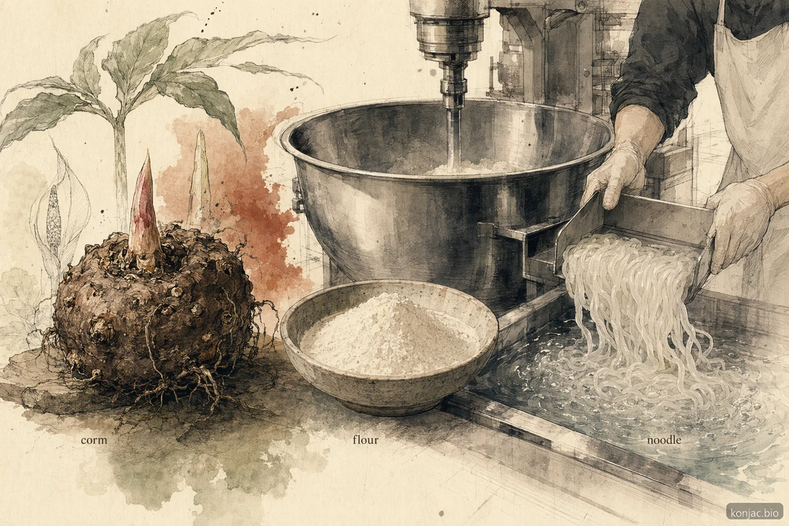 La produzione di shirataki sfusi trasforma il cormo di konjac in farina, sospensione e noodles finiti su scala industriale.