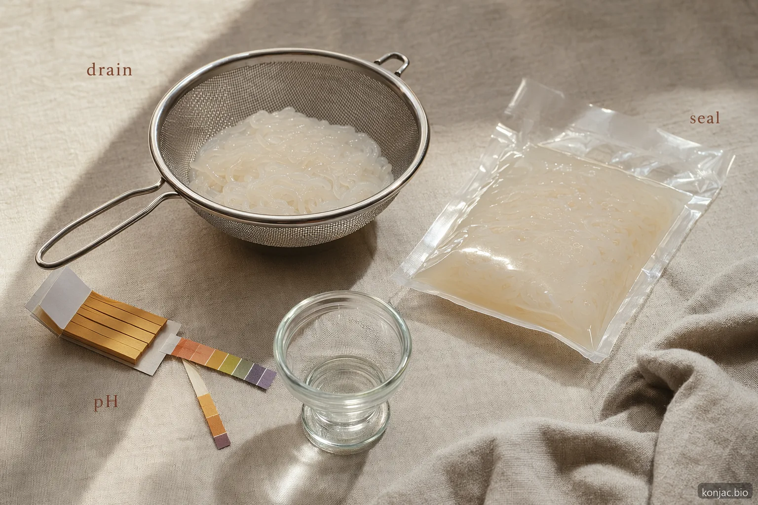 Le specifiche degli shirataki sfusi devono verificare peso sgocciolato, controllo del pH, odore, qualità della sigillatura e integrità della confezione prima degli ordini.