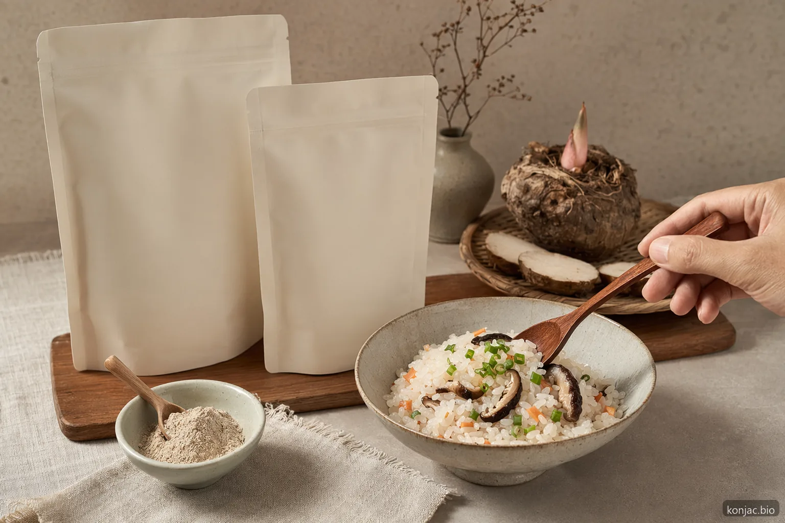 il konjac all'ingrosso può supportare alimenti finiti OEM come riso di konjac, polvere e buste neutre a marchio privato
