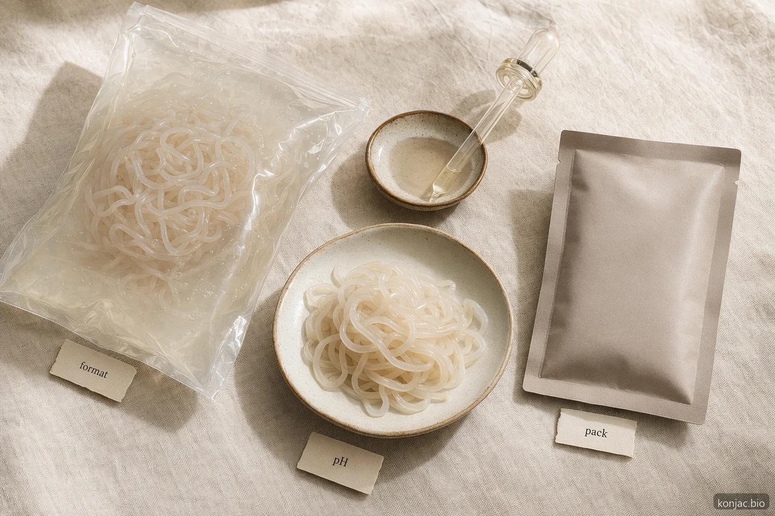 specifiche dei konjac noodles all'ingrosso mostrate con busta senza marchio, pipetta per salamoia e campione di noodle per controlli di formato, pH e confezione