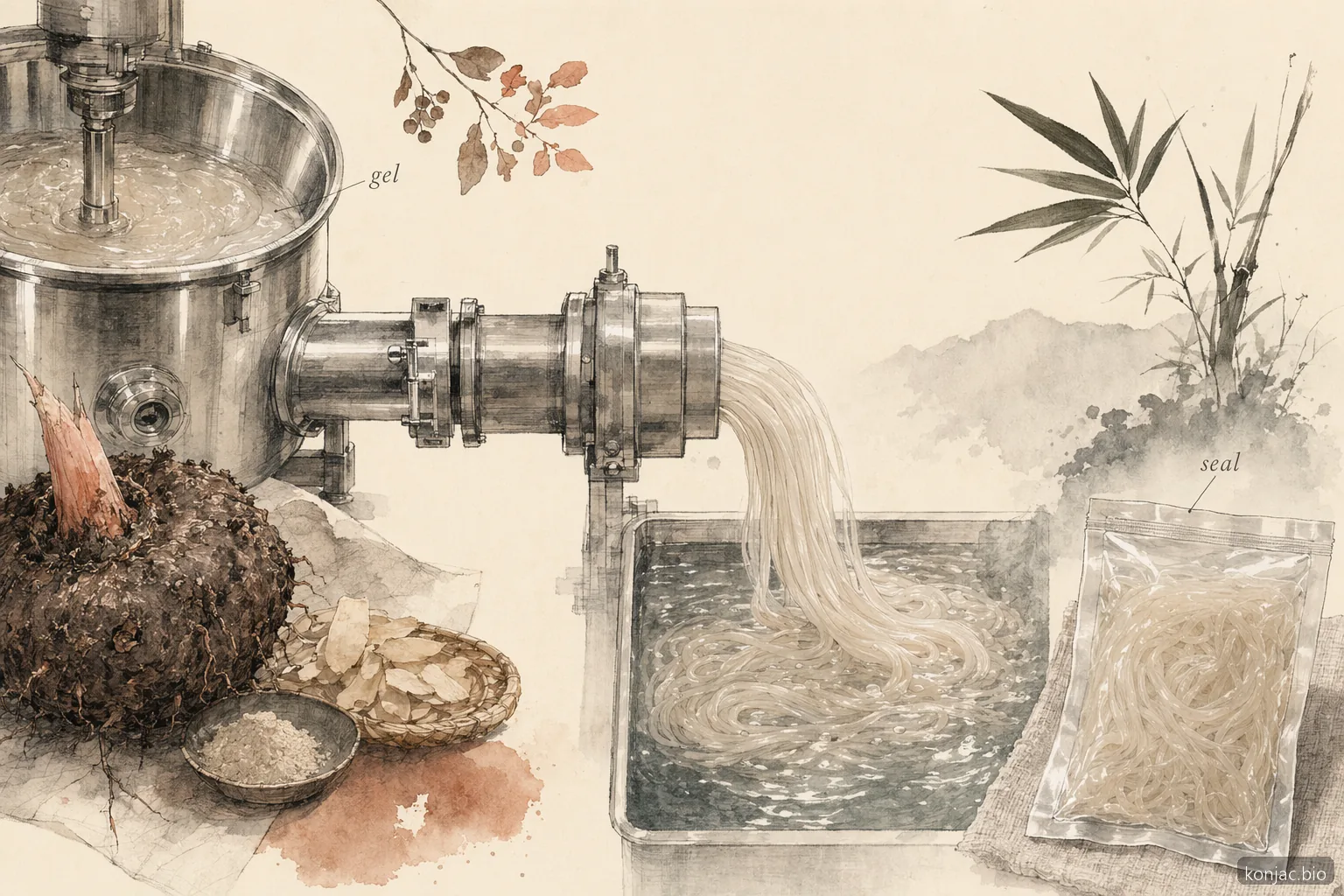 la produzione all'ingrosso di konjac noodles trasforma il gel di konjac in fili estrusi che si raffreddano in acqua prima della sigillatura in busta