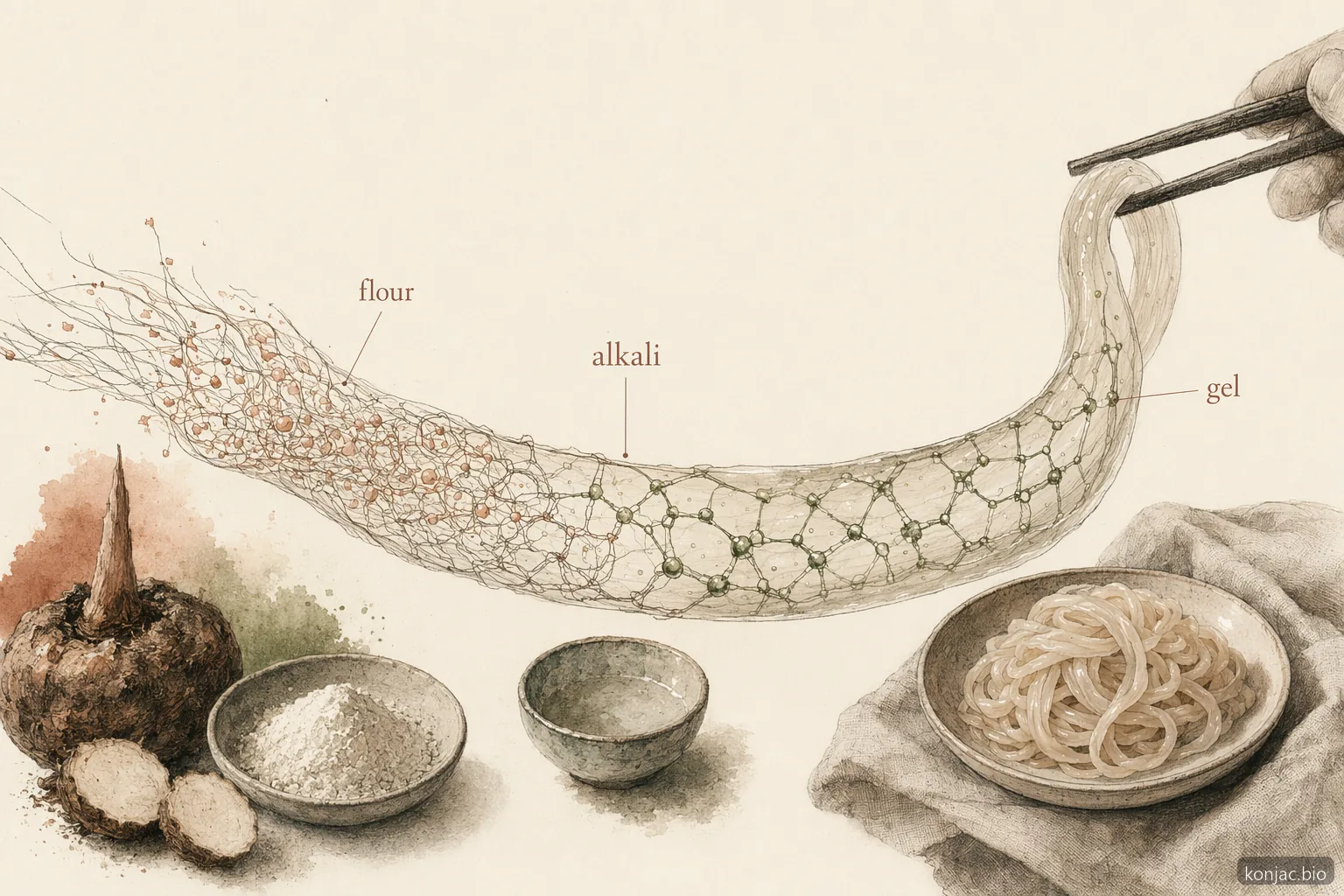 gli ingredienti per noodles di konjac necessitano di alcali perché il calcio aiuta la farina di konjac a formare una rete di gel elastica.