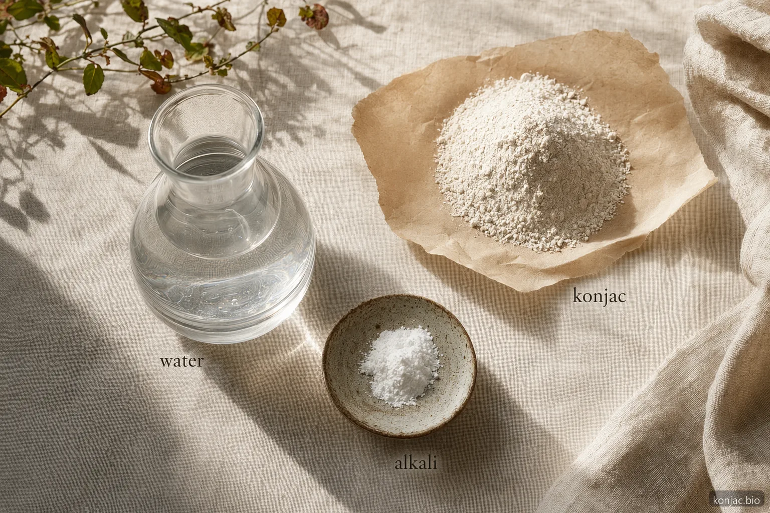 gli ingredienti per noodles di konjac di solito si basano su acqua, farina di konjac e alcali food-grade per la gelificazione.