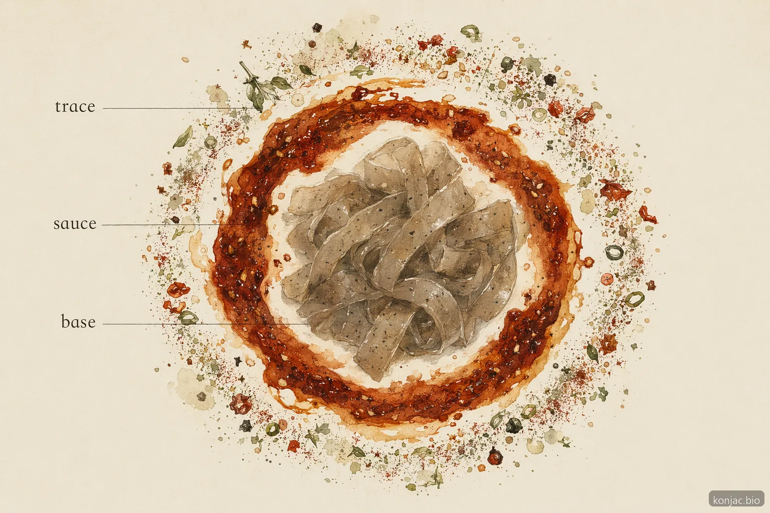 l'ordine in etichetta degli ingredienti konjac shuang inizia con la base, poi gli input della salsa, quindi i condimenti in tracce