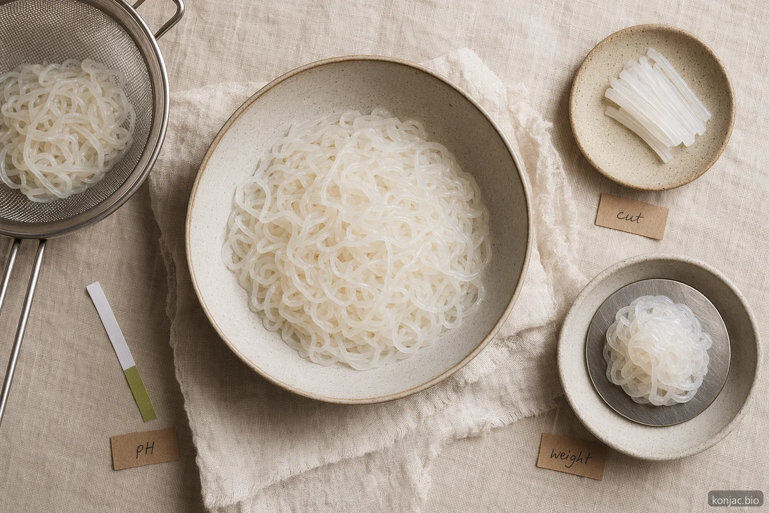Le specifiche dei noodles shirataki sfusi dovrebbero definire taglio, pH e peso sgocciolato prima dell'inserimento degli ordini all'ingrosso