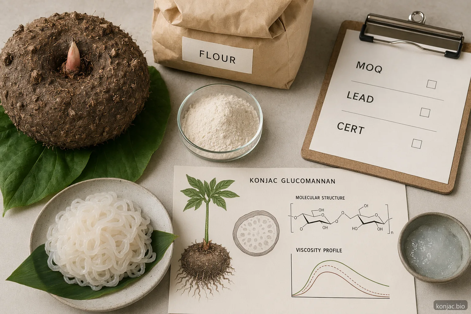 konjac wholesale sourcing still life with corm, flour, glucomannan, noodles, and buyer spec cues.