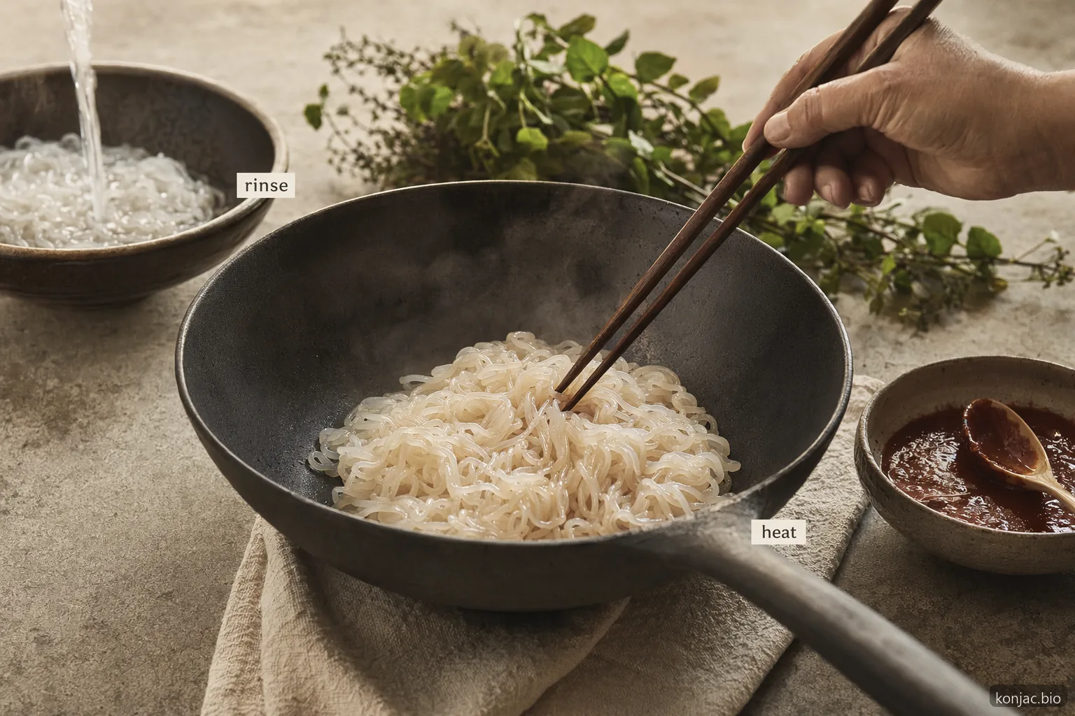 I noodles shirataki rendono al meglio se risciacquati e scaldati in padella a secco, così assorbono più efficacemente salse dal gusto intenso.