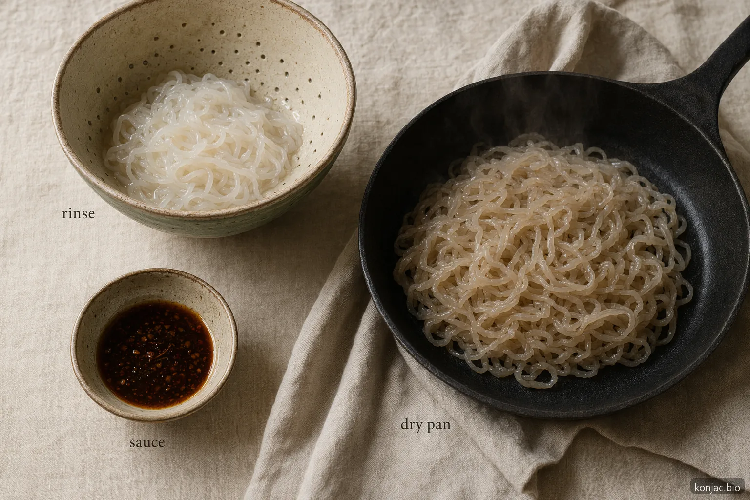 shirataki 經沖洗、乾熱處理後再拌醬，會讓麵條低碳水替代品更好吃