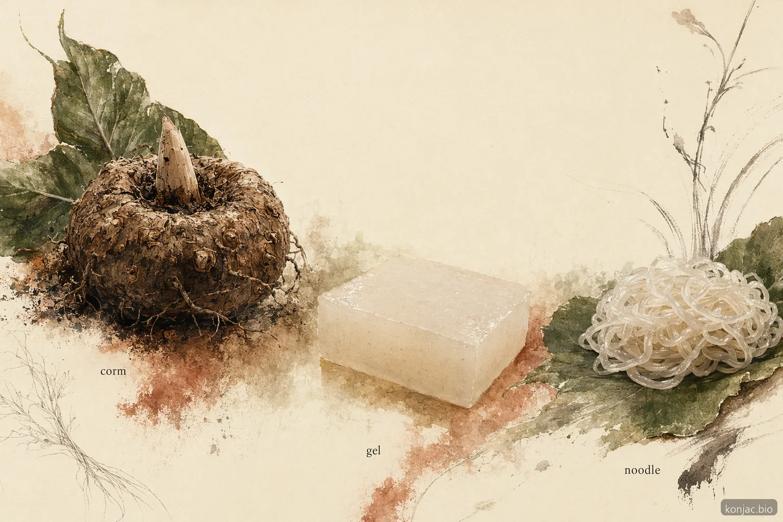 miracle noodle shirataki 麵始於 konjac 球莖，接著製成凝膠，再成為主要由水和纖維構成的半透明麵條