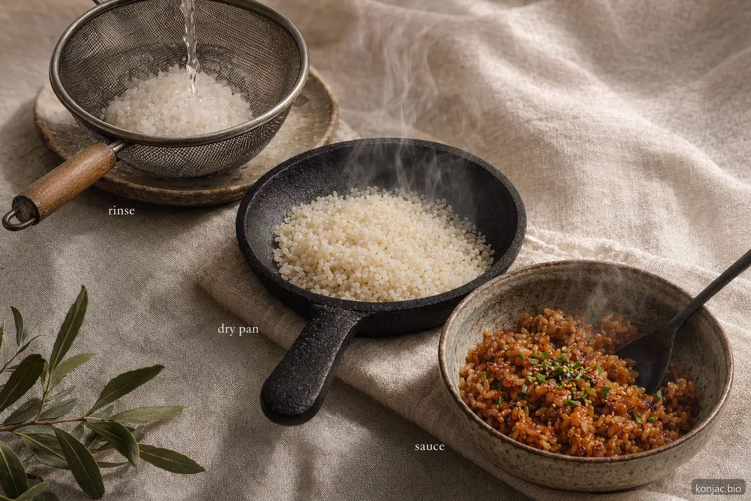 Das Garen von Miracle-Noodles-Reis gelingt am besten, wenn er abgespült, trocken in der Pfanne erhitzt und anschließend in einer aromatischen Sauce fertiggestellt wird.