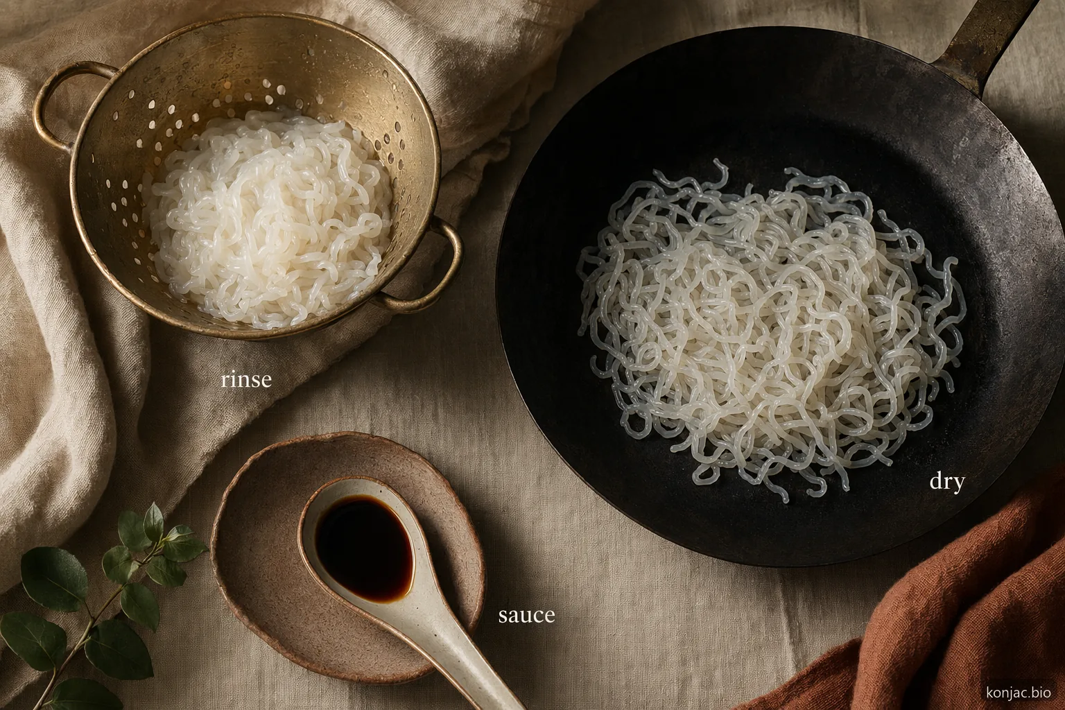 I noodles a basso contenuto di carboidrati risultano più gradevoli quando gli shirataki vengono risciacquati, asciugati in padella e poi conditi con salsa.