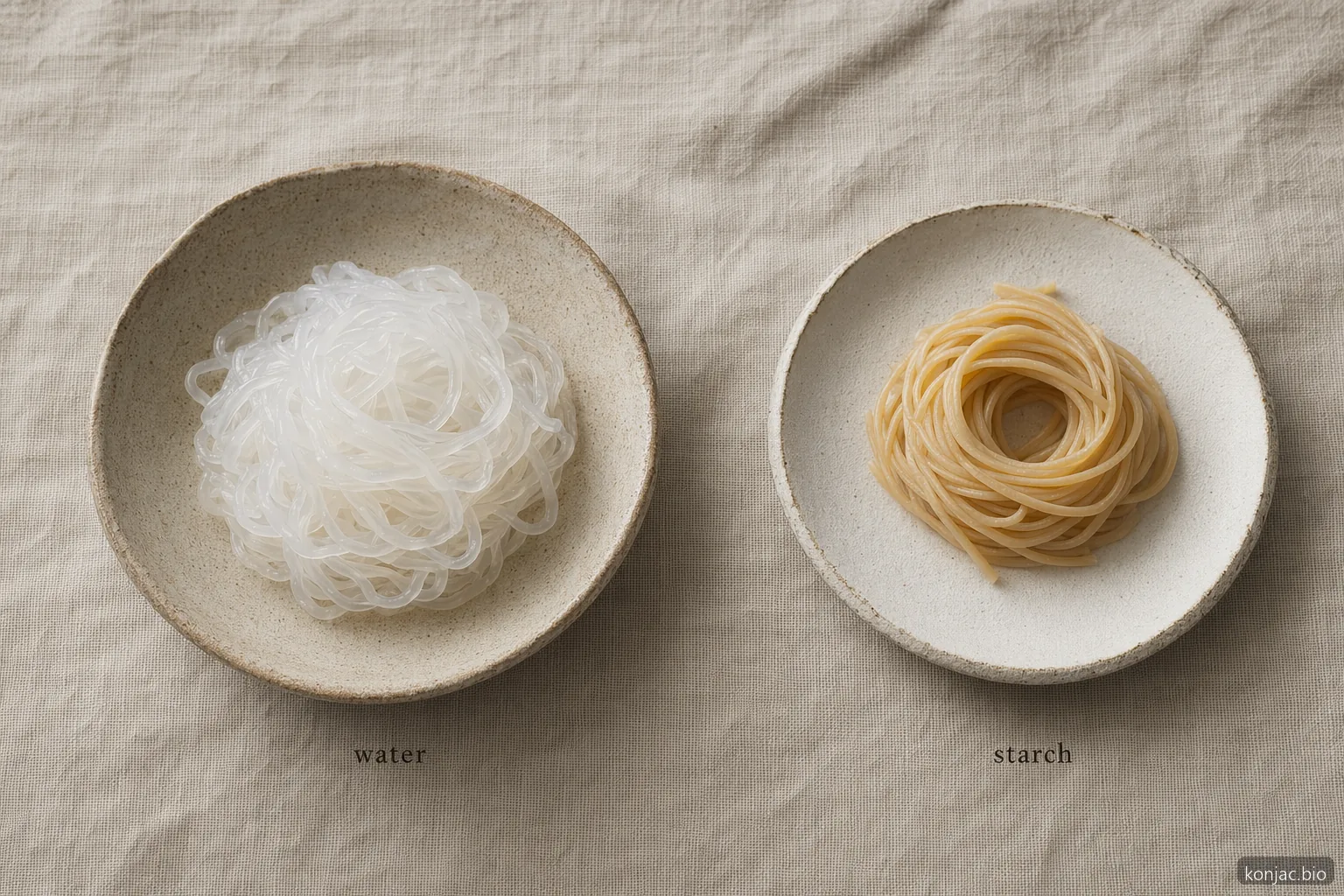 el fideo shirataki se diferencia de la pasta de trigo porque es rico en agua, mientras que la pasta de trigo se basa en almidón