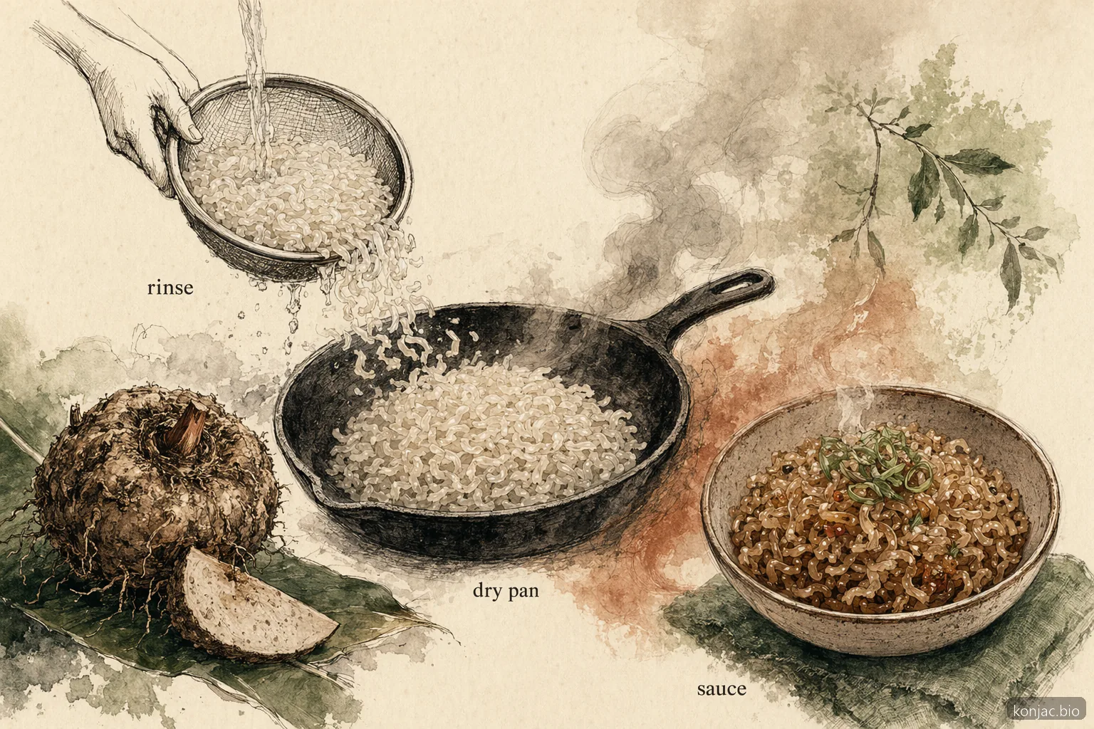 يكون طهي أرز shirataki أفضل عند شطفه، ثم تسخينه جافًا في مقلاة، ثم إنهائه بالصلصة.